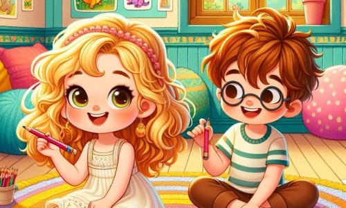 A 6-year-old girl named Lily, with golden curls and sparkling eyes, is sitting on a colorful rug surrounded by crayons and sheets of paper. She has an expression of curiosity and excitement on her face, holding a pink crayon in her hand, ready to draw. Next to her, a 6-year-old boy, Jack, with brown hair and glasses, smiles while showing his drawing of a dinosaur. He is sitting cross-legged, slightly leaning towards Lily, sharing his enthusiasm. In the background, a bright and welcoming room with walls painted in vibrant colors, children's drawings hanging up, and windows letting in sunlight. Soft cushions are arranged on the floor, creating a warm and joyful atmosphere. The main scene shows Lily and Jack drawing together, surrounded by other children, sharing their stories and emotions in a setting that celebrates friendship and creativity, despite changes in their lives.