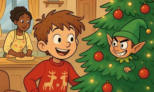 Un ragazzo di 8 anni, di nome Tommaso, con capelli castani spettinati e occhi pieni di curiosità, si trova vicino a un albero di Natale decorato. Ha un sorriso meravigliato e indossa un maglione rosso con motivi di renne. Un elfo di Natale birichino, piccolo e dispettoso, con un cappello verde con campanellino, si nasconde tra i rami dell'albero, i suoi occhi brillano di malizia. La mamma di Tommaso, una donna sulla trentina, è sullo sfondo, in cucina, mentre impasta la pasta per i biscotti, con un grembiule a fiori intorno alla vita. Il salotto è accogliente e festoso, con ghirlande luminose scintillanti e regali colorati sotto l'albero. La scena principale mostra il momento in cui Tommaso scopre l'elfo, creando un'atmosfera di sorpresa e magia natalizia.