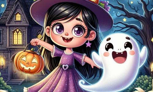 Una niña de 10 años, con largos cabellos negros y ojos llenos de curiosidad, lleva un disfraz de bruja morado brillante. Sonríe con asombro, sosteniendo una linterna en forma de calabaza que ilumina su rostro alegre. A su lado, un pequeño fantasma translúcido llamado Gaspar, con grandes ojos redondos y una sonrisa amigable, flota alegremente, con los brazos en alto como si estuviera bailando. Al fondo, la vieja casa de estilo gótico, con ventanas polvorientas y un techo torcido, está rodeada de árboles con hojas doradas, bajo un cielo nocturno estrellado y una luna brillante. La escena muestra a la niña y al fantasma bailando juntos en el vestíbulo de la casa, donde libros voladores y sombras danzantes crean un ambiente mágico y festivo.