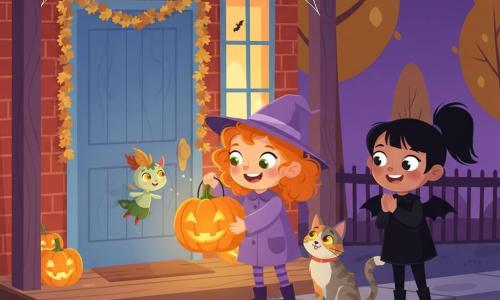 Una bambina di 6 anni, Lilla, sorridente e meravigliata, capelli ricci rosso aranciati e grandi occhi verdi, con un piccolo cappello da strega viola e un cappotto lilla, posa sullo zerbino tenendo una grande lanterna a forma di zucca intagliata che diffonde luce arancione; accanto a lei il gatto tigrato Biscotto, pelo grigio e rossiccio e occhi gialli, guarda la lanterna muovendo la coda; dietro a destra, un'amica di circa 6 anni, Mia, con capelli neri raccolti e costume da piccola pipistrella nero, applaude piano; davanti alla lanterna galleggia un folletto di foglie delle dimensioni di un giocattolo, pelle verde pallido e cappello di foglia secca, curioso e gioioso; la scena è davanti a una casa di mattoni rossi con porta blu e decorazioni autunnali, su una strada lastricata umida con lampioni gialli e alberi dalle foglie dorate sotto un cielo notturno viola, con la lanterna che crea una luce calda e ombre danzanti e suscita risate.