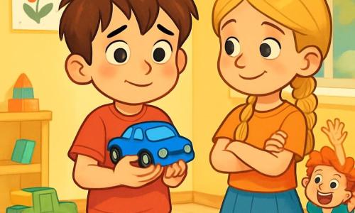 Un băiat de 6 ani, pe nume Matei, cu părul castaniu și ochi rotunzi și curioși, stă în centrul imaginii, cu o expresie de timiditate amestecată cu excitație, obrajii săi fiind ușor rumeniți. Ține în mâini o mică machetă de mașină albastră strălucitoare, de parcă ar căuta curaj. Lângă el, o fată de 6 ani, Ana, cu părul blond împletit și un zâmbet cald, îl încurajează cu un privire prietenoasă, având brațele încrucișate și o postură deschisă. Un alt băiat de 6 ani, Radu, cu părul roșcat și pistrui, observă cu curiozitate, având brațele ridicate în semn de entuziasm, pregătit să aplaude. Scena are loc într-o clasă luminoasă, cu pereți vopsiți în galben pastel, desene colorate agățate și feronerie care lasă să intre lumina soarelui, creând o atmosferă veselă și primitoare. Matei se pregătește să vorbească despre mașina sa albastră în fața colegilor, emoțiile fiind vizibile pe fața sa, oscilând între nervozitate și entuziasm, în timp ce ceilalți copii îl ascultă atent, creând o atmosferă de sprijin și prietenie.