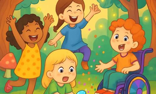 Há 4 crianças: - Sofia: uma menina de 8 anos com cabelos cacheados e castanhos, vestindo um vestido amarelo com bolinhas e sandálias rosas. Ela está rindo, com os braços levantados, ao lado de Liz. - Liz: uma menina de 7 anos com cabelos lisos e loiros, usando uma camiseta verde e um short de denim. Ela está agachada, segurando uma pedra brilhante nas mãos, com os olhos arregalados de surpresa. - Mariana: uma menina de 9 anos com cabelos castanhos e uma trança, vestida com uma túnica azul e leggings roxos. Ela está pulando, cheia de energia, com um grande sorriso, um pouco atrás de Sofia. - Joana: uma menina de 8 anos com cabelos cacheados e ruivos, sentada em uma cadeira de rodas colorida, decorada com adesivos de patos. Ela está fazendo uma careta engraçada, flutuando levemente acima do chão, à direita de Liz. A cena se passa em uma clareira encantada, cercada por grandes árvores com troncos torcidos e folhas multicoloridas. Cogumelos gigantes de cores vivas crescem ao redor, e vagalumes dançam no ar, iluminando a cena com uma suave luz dourada. As crianças descobrem um amuleto mágico que soltou confetes e purpurina, criando uma atmosfera alegre e festiva, enquanto riem e se perguntam que aventura as espera, cercadas pela magia da floresta.