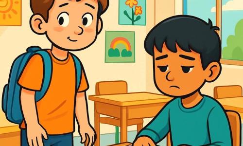 Um garoto de 12 anos, Lucas, com cabelos castanhos e olhos brilhantes de curiosidade, está de pé em uma sala de aula iluminada. Ele tem uma expressão de hesitação no rosto, com um leve sorriso tímido, enquanto olha para um novo colega. Ao seu lado, Amir, um garoto de 12 anos com cabelos negros e pele oliva, está sentado em sua mesa, folheando um livro com uma expressão de melancolia. A sala de aula é decorada com desenhos coloridos pendurados nas paredes, com mesas de madeira clara e janelas que deixam entrar a luz do sol. Nesta cena, Lucas hesita em se aproximar de Amir para conversar, ilustrando um momento de tolerância e amizade em formação.