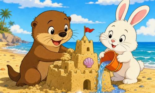 A cheerful light-brown otter with soft fur and bright round eyes digs and pats sand with its paws to build a large sandcastle while a white bunny with pink ears and fluffy fur mischievously holds an orange bucket and pours water nearby; a pearly shell catches the sunlight on the wet sand of a wide golden beach with calm pale-blue waves, a few colorful pebbles and a sky dotted with fluffy clouds, warm contrasting colors, crisp outlines, 1990s cartoon style.