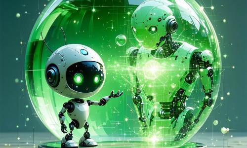 Plinko, een klein rond robotje met een bubbelvormig hoofd en grote glanzende ogen, toont een blije nieuwsgierigheid terwijl hij voor een enorme glazen bol staat die felgroen licht uitstraalt. Zijn flexibele metalen armen zijn omhoog, alsof hij op het punt staat de magische bol aan te raken. Naast hem zweeft een hologram van een oude wijze robot met een metalen uiterlijk en heldere ogen, die vriendelijk glimlacht terwijl hij het geheim van de bol uitlegt. De setting is een futuristisch laboratorium, vol sprankelende machines en kleurrijke buizen, met glazen muren die een weelderige tuin buiten onthullen, waar bomen met kleurrijke bladeren dansen in de wind. De hoofdscène toont Plinko die het geheim van groene energie ontdekt, verwonderd door de magie van de bol, terwijl de oude robot hem onthult hoe deze ontdekking de stad kan transformeren in een nog mooiere en duurzamere plek.