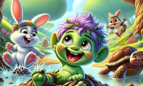 Al centro dell'immagine, un piccolo troll malizioso di nome Pompierino, con la pelle verde brillante e occhi rotondi pieni di curiosità, rotola in un mucchio di fango ridendo. Ha capelli disordinati di colore viola e indossa una tunica di foglie. Accanto a lui, Fluffolo, un coniglio bianco dalle grandi orecchie, salta allegramente con un sorriso malizioso, cercando di aiutare Pompierino a rialzarsi. Più lontano, Tarta, una tartaruga marrone con un guscio decorato di fiori colorati, li osserva ridendo, seduta sulla riva del fiume. Lo scenario è una foresta incantata con alberi nodosi e foglie scintillanti sotto un cielo azzurro. Il fiume brilla al sole, circondato da fiori multicolori e rocce lisce. La scena principale mostra Pompierino che, cercando di uscire dal fango, crea una grande schiuma, provocando risate contagiose tra i suoi amici, illustrando così lo spirito di avventura e amicizia che li unisce.