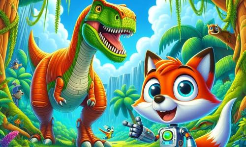 Rocco, una piccola volpe dai peli arancioni e dagli occhi curiosi, si trova al centro della scena, con le braccia aperte e un grande sorriso, meravigliato dallo spettacolo che lo circonda. Accanto a lui, TempoBot, un piccolo robot dalle forme arrotondate e dalla superficie lucida, lo osserva felice, indicando un enorme brontosauro che si piega per mangiare le foglie di un albero gigante. Lo sfondo è una giungla preistorica lussureggiante, con alberi giganteschi e felci verdi, mentre il cielo è blu brillante, punteggiato di nuvole bianche. Rocco e TempoBot osservano il brontosauro con meraviglia, mentre uccelli colorati volano attorno, arricchendo la bellezza di questo momento unico.