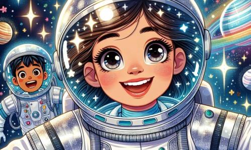 Un'astronauta sorridente, Stella, è al centro dell'immagine. Indossa una brillante tuta spaziale bianca con riflessi argentati, il suo casco trasparente mostra il suo viso gioioso e i capelli castani fluttuanti. Fluttua nello spazio, con le braccia aperte, circondata da pianeti colorati e scintillanti. Accanto a lei, un ragazzo di nome Luca, di circa 8 anni, ha gli occhi sbarrati per meraviglia. Indossa una tuta spaziale blu e imita il movimento di Stella, ridendo e fluttuando felicemente. Sullo sfondo si vede un cielo stellato, con stelle brillanti e nebulose colorate, creando un'atmosfera magica. La scena principale mostra Stella e Luca che fluttuano insieme nello spazio, scoprendo le meraviglie dell'universo, condividendo un momento di gioia e avventura.