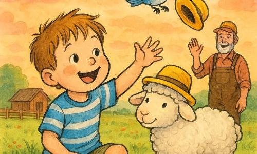 A joyful 4-year-old boy with a round face and messy light brown hair, wearing a blue striped T-shirt and khaki shorts, sits on grassy ground laughing and reaching toward the sky; next to him stands Woolly, a fluffy white sheep with curly wool and gentle black eyes, wearing a slightly askew yellow hat; a small lively blue-and-white bird flies to the right above them with a funny yellow hat in its beak; Farmer Joe, about 50 with a short graying beard and brown overalls, stands a few paces behind smiling and waving; the sunset prairie has green grass dotted with red and white wildflowers, a pink-orange sky, a small wooden farmhouse and fence in the background — the scene captures the light, comic moment of the yellow hat being carried off by the bird while the boy laughs, the sheep watches, and the farmer looks on smiling.