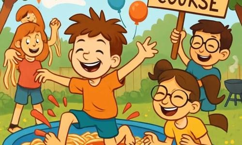 A 12-year-old boy named Max, with messy hair and a big bright smile, is joyfully jumping into a pool of spaghetti, arms wide open and splashes of tomato sauce around him. Next to him, Zoe, an 11-year-old girl with pigtails and glasses, is laughing out loud while trying not to fall into the pasta pool. Freddie, a 12-year-old boy wearing thick glasses, stands back, laughing and holding a cardboard sign that reads 