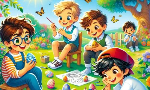Four eleven-year-old boys, Alex, Ben, Charlie, and Dylan, are gathered in a sunny garden surrounded by colorful flowers. Alex, with brown hair and glasses, is painting an egg blue and gold while sitting at a small table. Ben, with blond hair and sparkling eyes, is adding stars to his egg, standing next to him. Charlie, with chestnut hair and a mischievous smile, is drawing a treasure chest on his egg, leaning forward. Dylan, with black hair and a red cap, is writing a riddle on a small piece of paper while sitting on the grass with an egg in hand. The garden is vibrant with blooming flowers, fluttering butterflies, and a large oak tree at the center, under which is a small wooden table. The sky is bright blue with a few fluffy white clouds. The boys are creating magical Easter eggs, each decorated with unique patterns, while laughing and sharing ideas for a surprise-filled egg hunt.