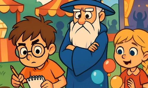 A 10-year-old boy named Max, with messy brown hair and round glasses, has a determined and curious expression. He holds a spiral notebook and a pencil, carefully examining the ground. Next to him, Professor Preston, an older man with a long white beard and a magician's hat, looks worried, arms crossed, scanning the area. A little further away, Lily, a 9-year-old girl with braided blonde hair, is making colorful balloons, watching the scene with wide eyes. The scene takes place during the Willowbrook festival, featuring colorful stalls, string lights, and a large stage adorned with golden glitter. People laugh and dance around, while a delicious smell of popcorn fills the air. Max, in the midst of an investigation, examines footprints in the grass and a shiny button found near the stage, searching for clues to find the stolen trophy.