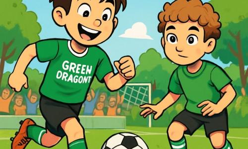 A 12-year-old boy, Max, with messy brown hair and sparkling eyes full of excitement, runs on a green soccer field, a big smile on his face. He wears a bright green jersey from the Green Dragons, black shorts, and worn-out sneakers while determinedly dribbling the ball. Nearby, Jamie, another 12-year-old boy with curly hair and bright eyes, is ready to receive the ball. He wears a slightly worn soccer outfit with striped socks and has a focused expression, ready to make a decisive pass. The soccer field is surrounded by enthusiastic spectators, with lush trees in the background and a bright blue sky, creating a joyful and dynamic atmosphere. The scene captures the moment when Max energetically passes the ball to Jamie, illustrating team spirit and the excitement of a soccer match.