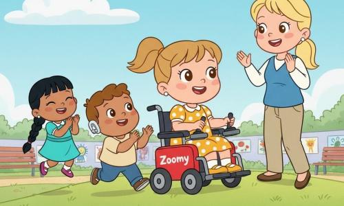 A joyful scene of a confident 4-year-old girl with light brown pigtails and bright eyes riding her red electric wheelchair "Zoomy" up a small grassy hill in a yellow polka-dot dress; beside her a round-faced, cheerful ~4-year-old boy (Max) with short brown hair and a visible white hearing aid runs and applauds admiringly, while a shy but laughing ~4-year-old girl (Ava) with a black braid in a turquoise dress jumps and claps a few steps behind; Miss Anna, the warm-smiling teacher in her thirties with tied blond hair, stands at the top of the hill with hands raised, wearing beige trousers and a blue cardigan, in a sunny playground bordered by colorful flowers, a light blue sky with soft clouds, a gravel path, benches and children's drawings on a painted fence—bright colors, rounded expressive features evoking a 1990s cartoon.