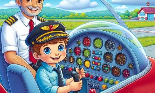 Ein junger Mann namens Max, etwa 25 Jahre alt, sitzt im Cockpit eines kleinen roten Flugzeugs, mit einem breiten Lächeln im Gesicht, seine Augen strahlen vor Aufregung und Entschlossenheit. Er trägt eine Pilotenmütze und ein blaues Hemd und hält das Steuer des Flugzeugs fest, bereit zum Abheben. Neben ihm sitzt sein Lehrer, Herr Müller, ein Mann in seinen Fünfzigern mit grauen Haaren und gepflegtem Bart. Er trägt ein weißes Hemd und eine Krawatte und schaut stolz zu Max, bereit, ihm beim Flug Anweisungen zu geben. Das Cockpit ist mit bunten Instrumenten, blinkenden Lichtern und Hebeln gefüllt, während man durch das Fenster einen strahlend blauen Himmel mit ein paar weißen Wolken sieht. Im Hintergrund ist die Landebahn des Flughafens zu sehen, umgeben von Grün und bunten Gebäuden. Die Hauptsituation zeigt Max und Herrn Müller, die sich auf den Start vorbereiten, mit spürbarer Aufregung in der Luft. Max steht kurz davor, seinen Traum vom Fliegen zu verwirklichen, während Herr Müller ihm Anweisungen gibt, was eine Atmosphäre von Abenteuer und Kameradschaft schafft.