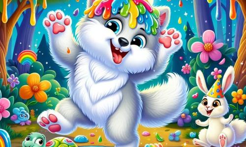 Lobo Lelé, um pequeno lobo com pelos macios como algodão, um grande sorriso e olhos brilhantes de malícia, está dançando alegremente sob uma chuva de gelatina colorida, suas patas escorregadias deixando marcas brilhantes no chão. Ao seu lado, o Coelho Corredor, um coelho de grandes orelhas e pelagem branca brilhante, ri alto, fazendo saltos desajeitados, enquanto gotas de gelatina caem sobre ele. Um pouco mais longe, a Tartaruga Tímida, uma tartaruga com uma carapaça colorida e um chapéu de festa, observa a cena com um sorriso tímido, tentando não escorregar na gelatina. A cena acontece em uma floresta encantada, onde árvores de troncos multicoloridos dançam ao ritmo do vento, e flores cantam melodias alegres. A lua de gelatina, brilhante e radiante, ilumina o céu estrelado, adicionando um toque mágico à atmosfera. A situação principal mostra Lobo Lelé e seus amigos em plena festa, rindo e brincando sob a chuva de gelatina, celebrando a amizade e a alegria em um turbilhão de cores e risos.
