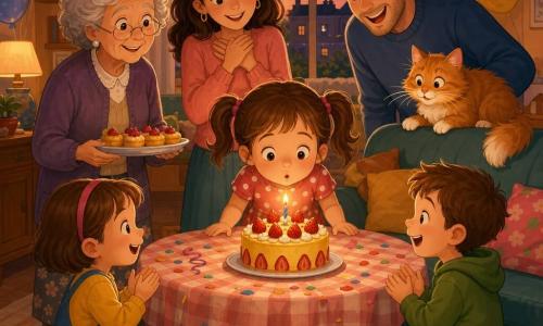 Menina de 4 anos, alegre, assopra a última mini-vela de um pequeno bolo amarelo com morangos; veste meia par e meia azul e amarela, vestido de bolinhas e tem cabelo castanho em rabo de cavalo. Ao fundo, a mãe sorri ternamente com as mãos no peito, o pai inclina-se rindo, a avó segura um prato de docinhos, dois convidados (Leonor e Tiago, ~4–5 anos) aplaudem sentados em almofadas coloridas e um gato ruivo (Pompom) observa do encosto do sofá. O salão aconchegante está decorado com guirlandas, balões e confetes sobre uma toalha xadrez, com uma janela mostrando o céu do crepúsculo; todos olham admirados enquanto a menina faz um pedido à luz dourada das velas, criando uma atmosfera festiva e íntima.