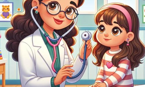 A cena representa a Dra. Sofia, uma médica de cerca de trinta anos, com cabelos cacheados e óculos redondos que escorregam ligeiramente pelo nariz. Ela usa um jaleco branco e um sorriso caloroso, mostrando seu entusiasmo enquanto segura um estetoscópio, pronta para ouvir o coração de uma criança. Ao seu lado está Ana, uma menina de oito anos, com longos cabelos castanhos e olhos brilhantes de curiosidade. Ela está sentada em uma mesa de exame, um pouco nervosa mas animada, segurando um brinquedo em forma de coração nas mãos. O cenário é uma sala de consulta colorida, cheia de desenhos de animais e pôsteres educativos sobre saúde. Brinquedos estão espalhados pelo chão, e uma janela deixa entrar a luz do sol, iluminando o espaço. A situação principal mostra a Dra. Sofia explicando a Ana como funciona o estetoscópio, enquanto Ana ouve atentamente, fascinada pelo som dos batimentos do seu coração, ilustrando a conexão entre a médica e sua jovem paciente.