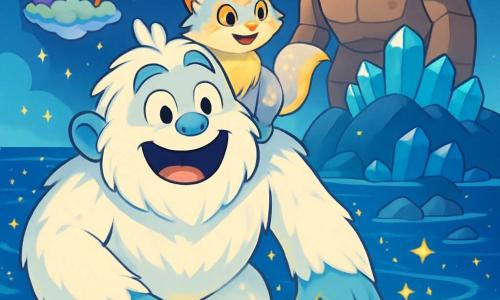 A Yeti with bright white fur and shiny, marble-like eyes stands at the edge of a sea of sparkling stars. He has an expression of surprise and joy, with his large paws gently resting on swirling stars around him. Beside him is a small creature named Liri, a Star Fox with silver and golden fur and twinkling eyes, perched on his shoulder, gazing around in wonder. In the background, a stone Golem with glowing eyes and a deep voice stands on a hill of crystals, watching the scene with a benevolent smile. The setting is a vast expanse of bright stars, where floating islands of colorful candies dance in the sky, creating a magical and enchanting atmosphere. The main scene shows the Yeti and Liri discovering the beauty of the Ocean of Stars as they prepare to release the Prismalynx, the guardian of this enchanting place.
