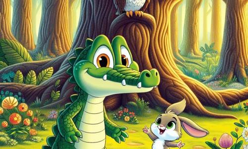 A young crocodile named Crispin, with scales as shiny as emeralds and curious sparkling eyes, stands in front of a majestic tree with wide branches, his heart racing with excitement. Beside him, Bella, a small bunny with big ears and soft fur, hops joyfully, her face glowing with enthusiasm. In the background, the wise owl Oliver, perched on a branch, watches the scene with a kind gaze, his brown feathers contrasting with the vibrant green of the forest. The setting is an enchanted clearing filled with colorful flowers and bathed in golden light, where a sweet floral scent lingers in the air. Crispin, touching the trunk of the magical tree, prepares to discover the secret of the forest, while Bella encourages him with a knowing smile, creating an atmosphere of adventure and friendship.