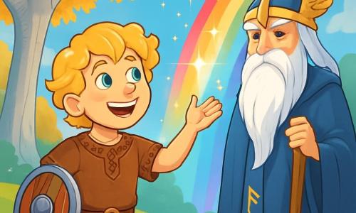Een jonge Viking genaamd Erik, ongeveer 12 jaar oud, staat in het midden van de afbeelding. Hij heeft krullend blond haar, nieuwsgierige ogen en een brede glimlach die verwondering uitdrukt. Hij draagt een bruine leren tuniek versierd met noordse patronen en een klein schild aan zijn arm. Naast hem staat Odin, een oude man met een lange witte baard en een doordringende blik, majestueus. Hij is gekleed in een blauwe robe met gouden runen en kijkt Erik vriendelijk aan. De achtergrond toont een betoverende open plek in Asgard, met enorme bomen met zilveren stammen en gouden bladeren die schitteren onder een heldere blauwe lucht. Op de achtergrond is de beroemde Bifrost te zien, de regenboogbrug die de werelden verbindt en in duizend kleuren straalt. De scène toont Erik, verwonderd, die zijn hand uitstrekt naar een magische poort, terwijl Odin hem aanmoedigt met een wijze glimlach. De sfeer is gevuld met magie en avontuur, met lichtflitsen en fonkelende sterren in de lucht.