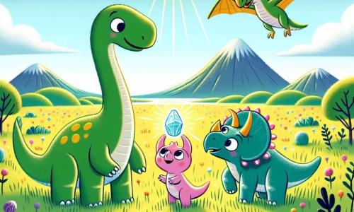Een diplodocus genaamd Dippy, met een lange groene nek en gele vlekken, staat vrolijk in een zonnige weide, zijn grote ogen stralend van verwondering terwijl hij een prachtige glinsterende steen ontdekt. Naast hem kijkt een kleine triceratops genaamd Tria, met drie hoorns op haar hoofd en een roze huid, nieuwsgierig naar de steen, met haar voorpoten op de grond. Een pterosaur genaamd Ptero, met grote felblauwe vleugels, zweeft boven hen, klaar om te landen en het tafereel te bewonderen. De achtergrond toont een uitgestrekte groene weide vol kleurrijke bloemen, met verre bergen onder een stralende blauwe lucht. De belangrijkste situatie toont Dippy, Tria en Ptero die samen rond de magische steen staan, hun gezichten verlicht door het glinsterende licht van de steen, wat de vriendschap en het avontuur symboliseert dat hen te wachten staat.