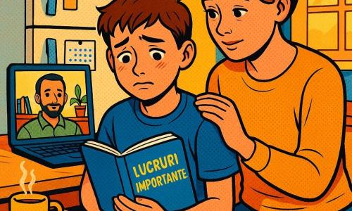 Băiat de 12 ani cu expresie între nervozitate și ușurare, ochi ușor lucitori, buze ușor pouting, păr șaten scurt, tricou albastru și jeanși, ține pe genunchi un mic carnet albastru „LUCRURI IMPORTANTE” și atinge ușor coperta; mamă de ~35 de ani, chip blând, păr șaten prins în coc, pulover muștar, așezată în dreapta băiatului cu mâna pe umărul lui și privire binevoitoare spre ecran; tatăl, în jur de 40 de ani, barbă scurtă și cămașă verde, zâmbet calm, vizibil în bust pe ecranul computerului, bibliotecă și o plantă ofilită în spate; locație: bucătărie mică și caldă cu masă din lemn deschis, frigider alb cu magneți și calendar cu puncte albastre, lumină aurie de seară prin fereastră, ceașcă de ceai aburindă pe masă și sertar deschis cu un mic covoraș cu dungi; situație: apel video familial intim în care băiatul ascultă și împarte notițe, tensiune blândă transformată în confort, compoziție centrată pe trio, culori calde și contrastante, contururi clare și texturi grafice.