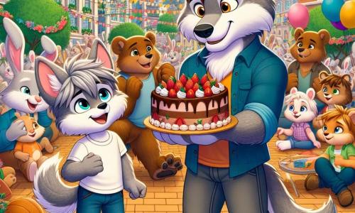 Un pequeño lobo llamado Lucas, con pelaje gris y ojos brillantes de alegría, está en el centro de la escena, sosteniendo un hermoso pastel de chocolate decorado con fresas y crema, irradiando orgullo y emoción. A su lado, su papá lobo, grande y cálido, con pelaje marrón y una sonrisa amorosa, mira a su hijo con admiración, los ojos chispeantes de felicidad, mientras lo anima con una mano en su hombro. Al fondo, la plaza central de Lobópolis está animada, llena de criaturas coloridas: conejos, osos y aves, todos celebrando el Día del Padre, con guirnaldas de flores y globos flotando en el aire. La escena principal muestra a Lucas, el pequeño lobo, presentando su pastel a su papá en una alegre fiesta, rodeado de risas y música, ilustrando el amor y la celebración familiar.