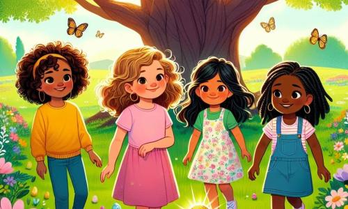 Vier vriendinnen, Lisa (meisje, 10 jaar, bruin, krullend haar, in een gele trui), Noor (meisje, 9 jaar, blond, steil haar, in een roze t-shirt), Ami (meisje, 10 jaar, kastanjebruin, golvend haar, in een bloemenjurk) en Sara (meisje, 9 jaar, zwart, gevlochten haar, in een blauwe trui), staan vrolijk in een groen veld, omringd door kleurrijke bloemen en flonkerende vlinders. Op de achtergrond staat een majestueuze eik met zijn uitgestrekte takken die schaduw bieden, terwijl een zachte gouden lentezon de scène verlicht. De meisjes ontdekken met stralende glimlachen een glinsterend gouden chocolade-ei op het gras, met een mysterieuze notitie eraan bevestigd. De sfeer is gevuld met opwinding en nieuwsgierigheid, wat de geest van het Paasavontuur vastlegt.