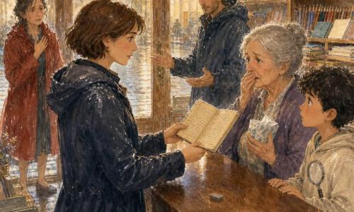 La detective è una donna con impermeabile scuro, sguardo concentrato e benevolo, capelli castani corti, tiene delicatamente un taccuino ingiallito; Ada, circa 65 anni, viso rugoso e occhi lucidi, capelli grigi raccolti, dietro il banco di legno con un pacchetto di fazzoletti, espressione sorpresa e sollevata; Luca, ragazzo di 12 anni con capelli ricci neri e felpa chiara con lente stampata, accanto al banco, sguardo curioso; Mirella, circa 45 anni, con cappotto rosso bagnato, vicino alla porta sul retro, timida mentre confessa; Enrico, circa 40 anni, impermeabile blu scuro, vicino a una scaffalatura, mani aperte a difendersi. Interno di una cartoleria accogliente con scaffali di quaderni e matite, vetrina bagnata dalla pioggia e un rettangolo chiaro dove era il taccuino, bancone di legno lucidato, luce gialla soffusa; momento della rivelazione: la detective porge il taccuino ad Ada mentre Mirella confessa, atmosfera intima e serena, piccoli dettagli visibili: gomma grigia sul bordo del bancone, tracce di segatura vicino al tappeto, una penna argentata accanto a uno scontrino.