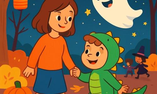 A 4-year-old boy, Leo, smiling and amazed, wears a green dinosaur costume with shiny scales and a swaying tail. He holds his mother's hand, a gentle woman with brown hair and an orange sweater, who looks at Leo with tenderness. Boo, a funny little ghost, joyfully floats beside them, with a smiling face and sparkling eyes. He twirls in the air, surrounded by small shining stars. The scene takes place in an autumn park, filled with glowing pumpkins, golden leaves, and bare-branched trees. Colorful lanterns hang from the branches, lighting the path. Leo and Boo are about to embark on a magical adventure, laughing together under the starry sky, while other costumed children play around them, creating a festive and joyful atmosphere.