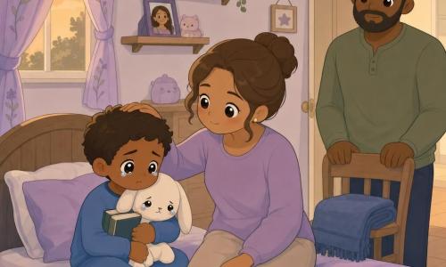 A calm, intimate scene in a grandmother’s lavender-walled bedroom: a sad but soothed 6-year-old boy with a round face, big bright eyes and short brown hair sits on the bed holding a tear-wet white rabbit comforter and clutching a book; his gentle mother, about 35, with light brown hair in a bun, sits to his right stroking his head; his protective father, about 38 with broad shoulders and a short beard, stands by the door with hands on a chair back; the room has embroidered violet curtains letting warm evening light through, a small wooden shelf with a framed photo of a smiling woman, a folded blue blanket on a chair, neatly arranged stuffed animals, and a taped paper sign reading 