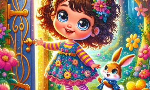 Una niña de 4 años, Lucía, con grandes ojos brillantes y cabello rizado castaño, se encuentra frente a una puertita dorada, su rostro radiante de emoción y curiosidad. Lleva un vestido de flores coloridas y calcetines rayados. A su lado, un pequeño conejo azul, con suave pelaje y una bufanda estrellada, sonríe alegremente, listo para darle la bienvenida al mundo mágico. El escenario es un bosque encantado, donde los árboles son altos y majestuosos, sus hojas brillan en mil colores y las flores cantan melodías suaves. Rayos de sol filtran a través de las ramas, creando sombras danzantes en el suelo cubierto de musgo. Lucía, maravillada, abre la puertita, lista para entrar en esta aventura mágica, mientras el conejo la anima con una mirada amistosa, rodeado de flores brillantes que parecen aplaudir su valentía.