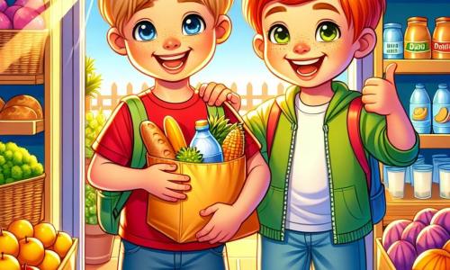 Mały chłopiec o imieniu Maks, mający około 7 lat, stoi w centrum obrazu, z blond włosami i błyszczącymi oczami pełnymi radości. Ma na sobie czerwoną koszulkę i niebieskie szorty, a jego twarz promienieje ekscytacją i dumą, gdy trzyma małą torbę z materiału wypełnioną zakupami. Obok niego stoi jego przyjaciel Kuba, również 7-letni chłopiec z rudymi włosami i piegami, szeroko się uśmiechając i podnosząc kciuk w geście uznania. Tło to kolorowy sklep z półkami pełnymi błyszczących owoców, złotych chlebów i produktów mlecznych, tworząc przyjemną i żywą atmosferę. Promienie światła wpadają przez okna, oświetlając twarze dzieci. Główna sytuacja pokazuje Maksa i Kubę wychodzących ze sklepu, dumni ze swoich zakupów, z poczuciem zwycięstwa i przyjaźni, gotowi podzielić się swoimi doświadczeniami z rodzinami.
