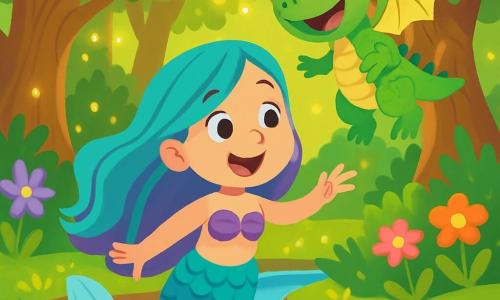 Una sirena di nome Marina, con lunghi capelli ondulati nei colori turchese e viola, nuota gioiosamente in un'acqua cristallina, le sue scaglie brillanti che scintillano sotto il sole. Ha un grande sorriso meravigliato sul viso, con occhi pieni di curiosità. Accanto a lei, un piccolo draghetto verde di nome Lino, con grandi ali traslucide e occhi rotondi e gentili, vola felice nell'aria, ridendo e facendo piroette. La scena si svolge in una foresta incantata, con grandi alberi dai tronchi nodosi che si ergono verso il cielo, le loro foglie scintillanti illuminate da lucciole danzanti. Marina e Lino esplorano insieme questo luogo meraviglioso, ridendo e giocando, mentre i raggi di sole filtrano tra i rami, creando ombre danzanti sul terreno.