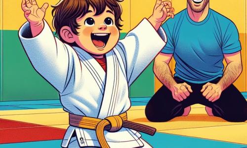 Mały chłopiec Michałek, mający 2 lata, z rozczochranymi brązowymi włosami i dużymi, błyszczącymi oczami, trenuje judo w za dużym białym kimonie, co czyni go jeszcze bardziej urokliwym. Jego twarz wyraża ogromną radość i wesołą koncentrację. Obok niego stoi uśmiechający się Pan Janusz, około 30-letni mężczyzna z krótkimi włosami i starannie przystrzyżoną brodą, w niebieskiej koszulce i czarnych spodniach sportowych, entuzjastycznie zachęcając Michałka. Scena rozgrywa się na kolorowym tatami w jasnej sali sportowej z żółtymi ścianami i plakatami judo. Michałek wykonuje ruch judo, przygotowując się do upadku z szerokim uśmiechem, a Pan Janusz obserwuje go z dumą, gotowy do pomocy. Atmosfera jest pełna koleżeństwa i radości, ilustrując szczęście wspólnej zabawy i nauki.