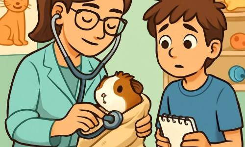 A veterinarian, a woman in her thirties with brown hair in a ponytail and glasses, shows a caring concentration as she examines a small guinea pig named Gizmo, snuggled in a soft towel. Next to her, a twelve-year-old boy, Max, with messy brown hair and wearing a blue t-shirt, looks on with worried yet hopeful eyes, holding a notebook in his hands. The setting is an examination room in a veterinary clinic, with pastel green walls, animal posters, and shelves filled with pet toys. On the examination table, veterinary instruments shine under the soft light. The main scene shows the veterinarian checking Gizmo's heart with a stethoscope while Max watches closely, eager to learn how to help his beloved pet.
