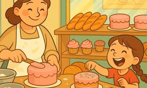 The main character is a smiling, focused woman baker with rosy cheeks and a cream apron dusted with flour, holding a wooden spatula and spreading icing on a cake center stage; the secondary character is a ~7-year-old girl with bright eyes and a brown braid, laughing and decorating a cake with colorful sprinkles while standing on a small stool; a light-wood counter is dusted with flour and holds metal bowls, open flour bags, and a box of multicolored sugar flowers; the back display shows a large clean window with soft reflections, a fair poster at the top, and morning sun rays lighting golden pastries; the scene depicts the baker and girl arranging pink-frosted cakes, cupcakes, golden baguettes, and crusty round loaves on a display, arranged appealingly; warm color palette of soft yellows, pastel pinks, honey wood and mint accents; clean lines, rounded contours, expressive faces and a welcoming atmosphere.