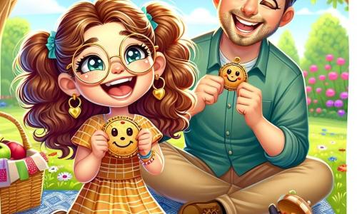 An 8-year-old girl with brown pigtails and round glasses smiles joyfully, holding a golden paper medallion around her neck. Her eyes sparkle with excitement and pride. She sits on a blue patterned blanket, surrounded by delicious slices of apples and smiling cookies. Next to her, her father, a man in his thirties with brown hair and a light beard, laughs while trying to eat a cookie in one bite, his eyes wide with surprise. They are both sitting under a large oak tree, its green leaves gently swaying in the breeze. The setting is a sunny garden filled with colorful flowers and green grass, creating a joyful and festive atmosphere. The main scene shows the girl and her father sharing a tender and fun moment during a Father's Day picnic, surrounded by laughter and happiness.