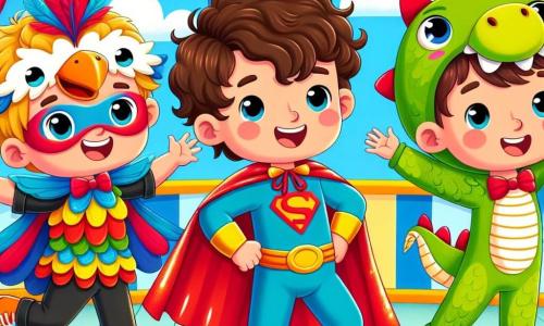 Three three-year-old boys are at the center of the image. Max, a boy with curly brown hair, wears a shiny red cape and strikes a superhero pose with a big smile. To his right, Leo, a boy with smooth blond hair, is dressed as a bird with a colorful feathered hat, flapping his wings enthusiastically. On the left, Sam, a boy with curly brown hair, is dressed as a dragon with green scales and a big smile, pretending to fly between his friends. The background shows a joyful carnival scene, with colorful balloons floating in the blue sky, vibrant flower garlands decorating the stage, and children laughing and applauding around them. The three friends are on stage, ready to participate in a costume contest, in a festive atmosphere filled with music and laughter, as they dance together, united in their fun "super dragon bird" costume.