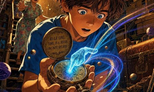 A 12-year-old boy, enthusiastic and slightly awed, messy chestnut hair, blue t‑shirt and jeans, holds an open antique pocket watch in both hands and watches its tiny shimmering blue hand pointing at symbols; his grandmother, about 70, gray hair in a bun and a floral dress, stands at the attic stairs, surprised and calling toward him; the brass watch is worn, its lid engraved RULE ONE: TIME IS A RIVER. DO NOT SPLASH, with a trembling thin blue‑glowing hand; the attic is lit by a warm sunbeam with dust motes, stacked wooden crates, an old leather trunk and delicate cobwebs; a slight blur surrounds the boy and curved light trails emanate from the watch suggesting the start of time travel, in vivid colors, strong contrasts, bold outlines and grainy pop‑art textures.