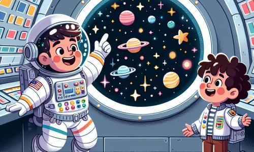 Un astronauta uomo, con un casco lucido e una tuta spaziale bianca decorata con toppe colorate, fluttua gioiosamente nella stazione spaziale, il viso raggiante di felicità e meraviglia. Sta indicando una grande finestra, dove si vedono stelle scintillanti e pianeti colorati, mentre sorride con entusiasmo. Accanto a lui, un ragazzo di circa 8 anni, con capelli castani e ricci, guarda con occhi sgranati, meravigliato dalla vista. Indossa una tuta spaziale in miniatura simile a quella dell'astronauta e sembra pronto per esplorare l'universo. La scena si svolge all'interno di una stazione spaziale futuristica, con pareti argentate e pannelli di controllo luminosi. Grandi finestre offrono una vista spettacolare dello spazio, dove le stelle brillano come diamanti su uno sfondo nero profondo. In questa situazione, l'astronauta spiega al ragazzo come esplora l'universo e scopre nuovi mondi, condividendo il suo entusiasmo per le stelle e il viaggio spaziale.