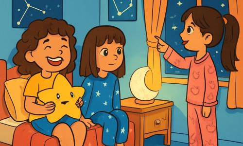 Ci sono 3 personaggi: - Giulia: una ragazza di 10 anni, con capelli ricci e un grande sorriso. Indossa una maglietta gialla e pantaloni corti di jeans. È seduta sul suo letto, tenendo un peluche a forma di stella. - Anna: una ragazza di 10 anni, con capelli lisci e una frangia. Indossa una felpa blu con stelle bianche. È accanto a Giulia, guardando la lucina a forma di luna sul comodino. - Martina: una ragazza di 10 anni, con lunghi capelli castani legati in una coda di cavallo. Indossa un pigiama rosa con motivi di gatti. È in piedi vicino alla finestra, guardando le stelle fuori. La scena si svolge in una cameretta accogliente, con pareti dipinte di azzurro chiaro e poster di costellazioni. Una piccola lampada a forma di luna illumina dolcemente la stanza, proiettando ombre morbide. Giocattoli sono sparsi sul pavimento e un grande letto con lenzuola colorate è al centro. Le tre amiche sono riunite, condividendo storie sul tema del buio. Giulia sorride con il suo peluche, mentre Anna ammira la luce della luna. Martina racconta una storia avvincente e tutte sembrano felici, circondate da un'atmosfera magica e rassicurante.