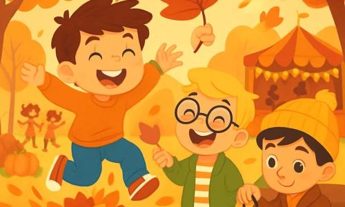 Há 3 personagens: - Miguel: um garoto de 8 anos, com cabelos castanhos bagunçados e um sorriso radiante. Ele usa um suéter laranja e uma calça azul. Ele está pulando em um monte de folhas. - João: um garoto de 8 anos, com cabelos loiros e óculos redondos. Ele está vestido com uma jaqueta verde e uma camiseta listrada. Ele segura uma grande folha vermelha acima da cabeça, rindo alto. - Tiago: um garoto de 8 anos, com cabelos negros e sardas no nariz. Ele usa um gorro de lã amarelo e um casaco marrom. Ele está sentado em um banco, cercado de folhas, decorando uma lanterna de outono. O local é um parque de outono vibrante de cores, com árvores de folhas douradas, vermelhas e laranjas. O chão está coberto por um espesso tapete de folhas crocantes. Ao longe, há barracas decoradas com abóboras e guirlandas de milho, com crianças dançando e rindo. Uma grande festa está em andamento, com uma suave luz de fim de tarde iluminando a cena. A situação principal mostra os três amigos se divertindo juntos, Miguel pulando alegremente nas folhas, João rindo com sua folha vermelha e Tiago concentrado em sua lanterna, criando uma atmosfera de alegria e camaradagem, típica dos belos dias de outono.