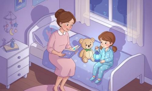 Há três personagens: Sofia, menina de 6 anos, cabelo castanho-claro em rabo de cavalo, pijama azul-claro com pequenas estrelas, sentada à direita da cama segurando uma lanterna azul que emite luz suave; a mãe, cerca de 32 anos, cabelo castanho preso em coque, vestido rosa claro, sentada à beira esquerda da cama inclinada para ler um livro ilustrado com expressão tranquila; e um urso de pelúcia bege no centro da cama entre as duas, olhos pretos brilhantes e laço verde, olhando para a lanterna. Cena: quarto infantil visto de cima, paredes lavanda, pôsteres de estrelas e lua, cômoda branca, tapete rosa circular, cortina leve com silhuetas de árvores à janela. Situação: noite calma e acolhedora em que a luz azul da lanterna cria reflexos suaves nos rostos e sombras arredondadas nas paredes; Sofia observa curiosa enquanto a mãe lê para acalmar, transformando a escuridão em um espaço familiar e suave.
