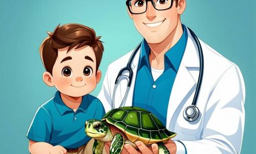 Een glimlachende en vriendelijke mannelijke dierenarts, Diederik, draagt een witte jas en een stethoscoop om zijn nek. Hij heeft bruin haar en ronde bril, en hij houdt een kleine schildpad genaamd Bram in zijn handen, met een geconcentreerde en zachte uitdrukking op zijn gezicht. Naast hem kijkt een 8-jarig jongetje genaamd Timmy, met wild blond haar en een kleurrijk t-shirt, vol bewondering naar de schildpad. Hij zit op een stoel met zijn handen op zijn knieën en zijn gezicht toont bezorgdheid maar ook hoop. De scène speelt zich af in een lichte en uitnodigende dierenkliniek, met pastelgroene muren, dierenposters op de muren en dieren speelgoed verspreid over de vloer. Een groot raam laat zonlicht binnen, dat de ruimte verlicht. Diederik onderzoekt aandachtig Bram, de schildpad, die een beetje moe maar nieuwsgierig lijkt, terwijl Timmy aandachtig kijkt, hopend dat zijn schildpadvriend snel beter zal worden.