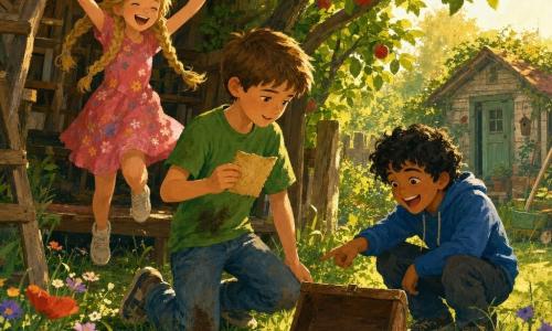 Drie kinderen: Joris (10) met kort kastanjebruin haar, groen T‑shirt met modderspetters en jeans, houdt een vergeeld papiertje in zijn rechterhand en kijkt naar de grond, centraal iets naar voren; Lotte (9) met lang blond haar in twee vlechten, roze bloemenjurk, springt van blijdschap met opgestoken armen links van Joris, stralend gezicht; Amir (10) met donkere huid en krullend zwart haar, blauwe trui, lacht en wijst naar een klein houten kistje op de grond terwijl hij rechts van Joris gehurkt is. Locatie: een oude lichte boomhut verscholen in de takken van een appelboom, zichtbare planken en kleine vierkante raampjes met afgebladderde witte luiken, omgeven door groen gras, kleurrijke wilde bloemen, een hoop bladeren en een klein tuinhuisje op de achtergrond rechts; zachte middaglicht, lange schaduwen en gouden zonnestralen tussen de bladeren, warme pastelgouachekleuren. Situatie: de kinderen hebben zojuist een luik in de vloer van de boomhut geopend en ontdekken een klein kistje versierd met hartjes en sterren; het open kistje ligt op de grond met binnenin een simpel papiertje met een harttekening, enkele zonnestralen verlichten het en er liggen kruimels aarde en blaadjes rondom voor de avontuurlijke sfeer.
