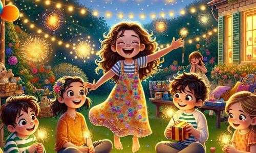 Una bambina di 9 anni, Sofia, con capelli castani ricci e occhi scintillanti di gioia, salta di felicità in un giardino illuminato da luci scintillanti. Indossa un vestito colorato con motivi floreali e un grande sorriso, esprimendo la sua eccitazione per la festa di Capodanno. Accanto a lei, il suo amico Marco, un ragazzo di 10 anni con capelli castani disordinati e una maglietta a righe, tiene una scatola di fuochi d'artificio, gli occhi brillanti di attesa. Lucia, una ragazza di 9 anni con capelli lunghi e lisci, indossa una gonna di paillettes e un maglione morbido, seduta su una coperta e racconta una storia avvincente a un gruppo di bambini incantati. Il giardino è decorato con lanterne colorate, palloncini e un grande tavolo pieno di dolcetti, creando un'atmosfera festosa e calorosa. La notte stellata aggiunge un tocco magico a questa scena gioiosa, mentre i bambini si preparano a festeggiare insieme il Capodanno con risate e scintille di luce.
