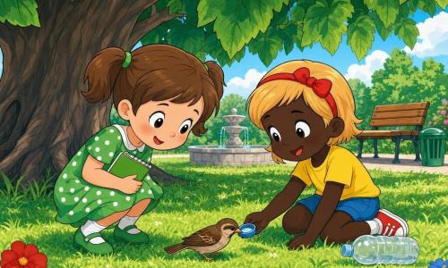 Ci sono 3 personaggi: Sofia, bambina di 4 anni con capelli castani a codini, vestito verde a pois bianchi, tiene un piccolo taccuino nella mano destra e si china verso l'uccellino a sinistra; Giulia, bambina di 4 anni con capelli biondi corti e cerchietto rosso, maglietta gialla e pantaloncini blu, sorride e tiene un tappo di bottiglia pieno d'acqua a destra di Sofia; piccolo uccellino, un passerotto bruno che beve dal tappo posato a terra fra le due. Luogo: parco luminoso sotto un grande gelso dalle foglie ampie e verde scuro, prato rasato con qualche fiore rosso e blu in primo piano, una piccola fontana di pietra, una panchina di legno e un cestino verde nei paraggi. Situazione: le due bambine aiutano il passerotto trovato a terra — una porge il tappo con acqua, l'altra tiene il taccuino, una bottiglia di plastica vuota è accanto (appena raccolta); atmosfera dolce e benevola, colori vivaci, tratti morbidi ed espressioni gioiose, composizione centrale e chiara adatta ai bambini.