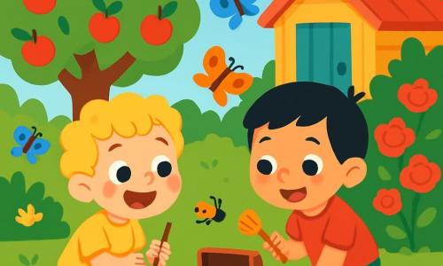 Ci sono 2 personaggi principali: Luca, un bambino di 4 anni con capelli biondi e ricci, indossa una maglietta gialla e pantaloni corti blu, seduto sull'erba con gli occhi brillanti di eccitazione e un bastoncino in mano; e Marco, un bambino di 4 anni con capelli neri e lisci, indossando una maglietta rossa e pantaloni verdi, in ginocchio accanto a Luca, sorridente e con un piccolo rastrello di plastica. La scena si svolge in un giardino soleggiato, pieno di fiori colorati e alberi da frutto, con un grande melo carico di mele rosse al centro e un vecchio capanno di legno sullo sfondo. Luca e Marco sono impegnati in una caccia al tesoro, cercando con entusiasmo nel giardino una misteriosa scatola, circondati da insetti curiosi e farfalle colorate che volano intorno a loro.